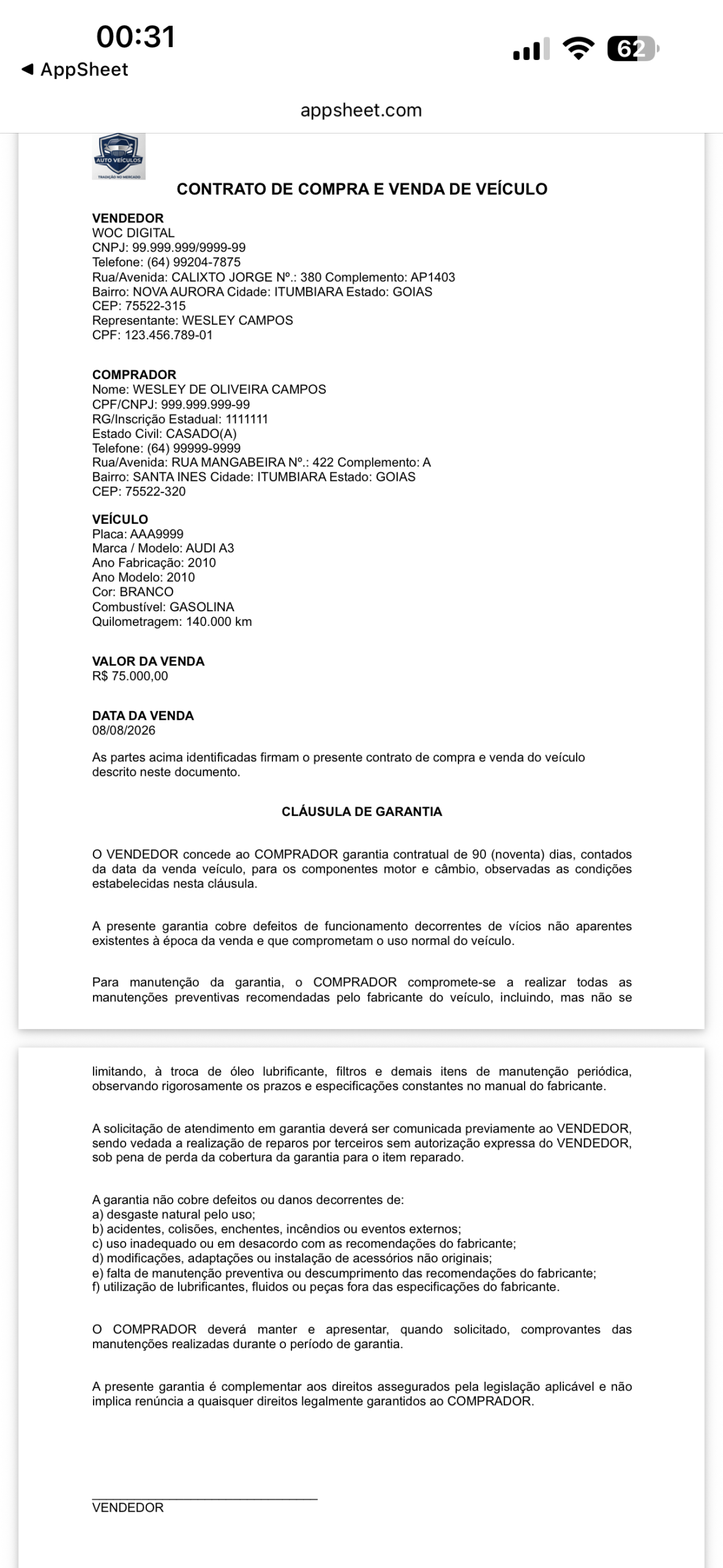 Contrato de compra e venda gerado automaticamente