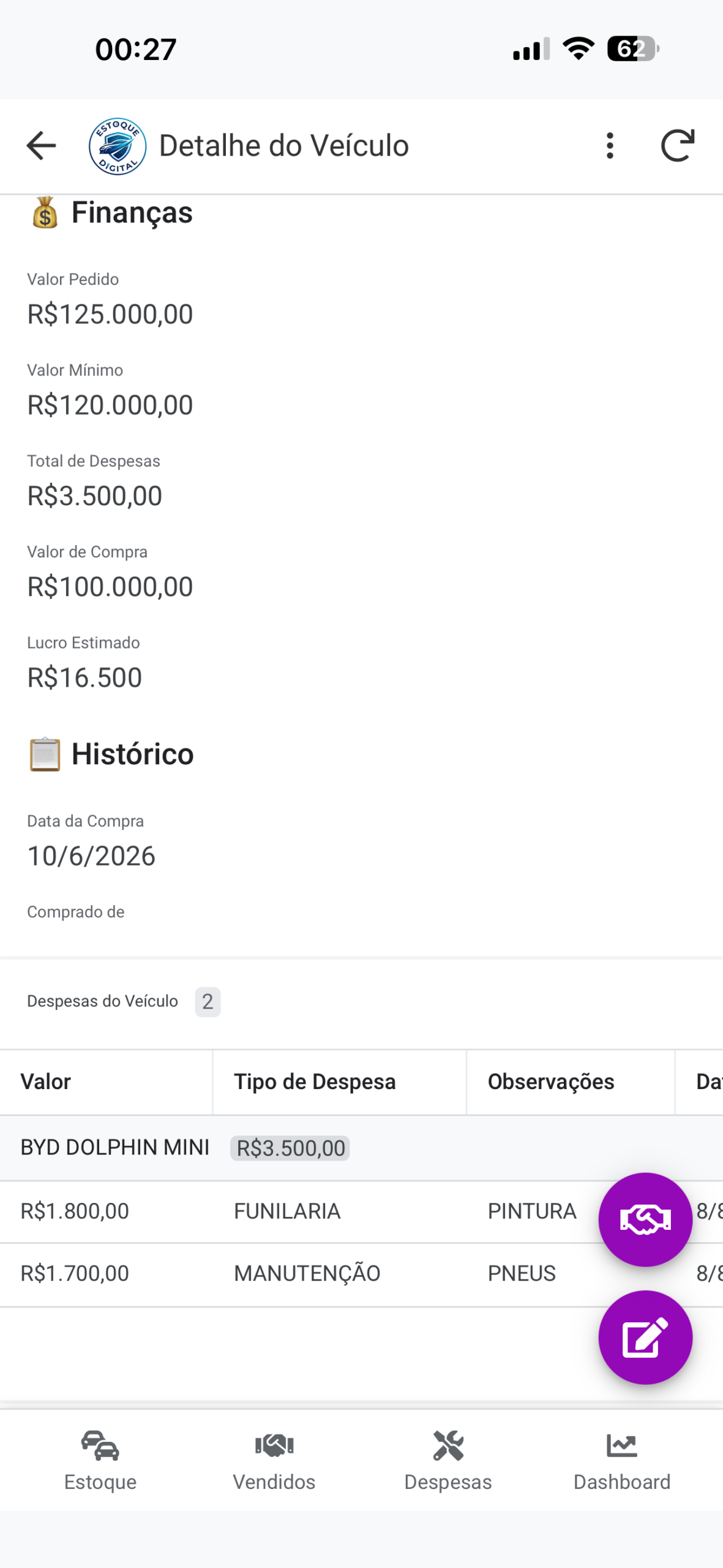 Tela de despesas e fotos de um veículo cadastrado