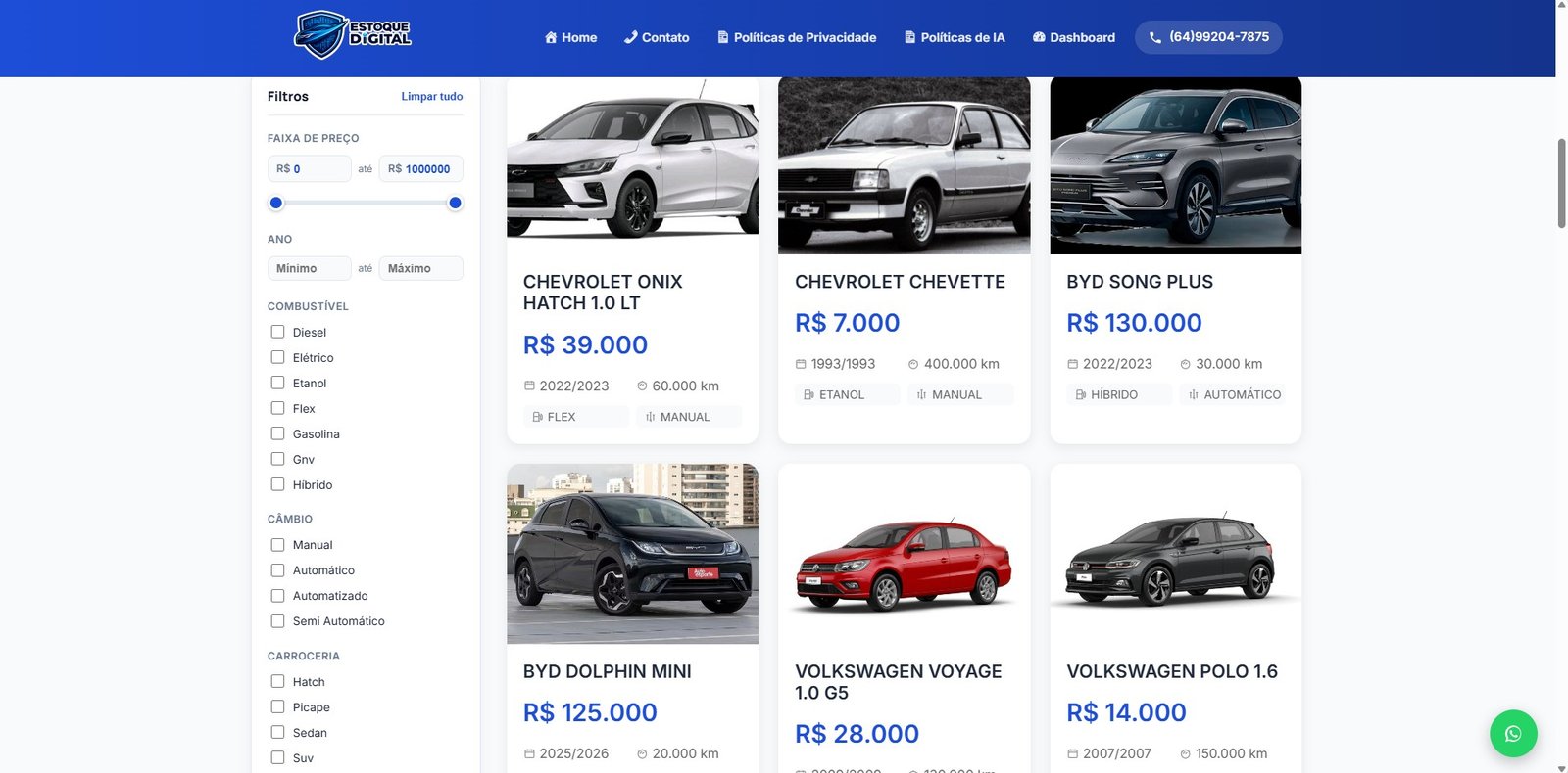 Site da loja com estoque de veículos atualizado automaticamente